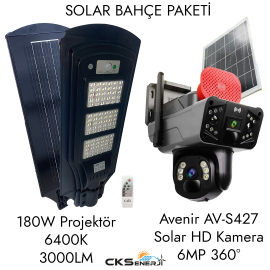Güneş Enerjili Sokak Armatürü 180W + 6mp 2 Kameralı Güneş Enerjili Ptz 4g Sim Kartlı 256 Gb Sd Kart Destekli Kamera 360° Dönebilir