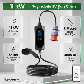 Cks Enerji Elektrikli Araba Taşınabilir Şarj Cihazı 11 Kw 16A Tip-2 5X16A 8 Metre Kablo (Türkçe Menü) YERLİ ÜRETİM