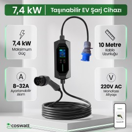 Cks Enerji Elektrikli Araba Taşınabilir Şarj Cihazı 7 kw / 32A / Tip-2 / 3x32A Fiş / Monofaze/Çantalı / Ev Tipi Dönüştürücü Kablolu (10 METRE KABLO)
