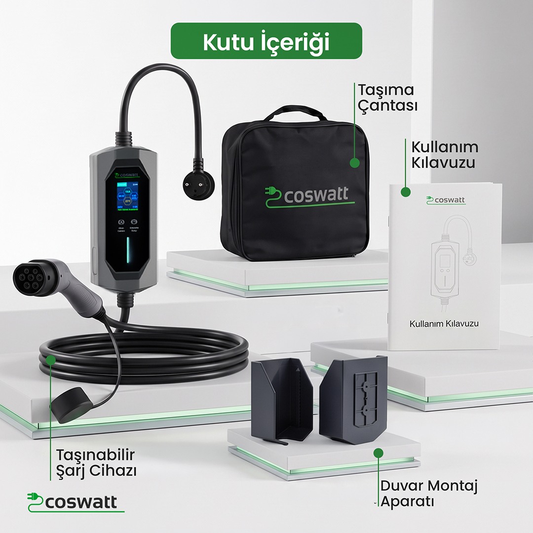 Taşınabilir Şarj Cihazı 3.5 kW / 16A / Türkçe Menü/ Tip-2 / Ev Tipi Schuko Fiş / 220V AC / Taşıma Çantası Hediyeli (8m Kablolu)
