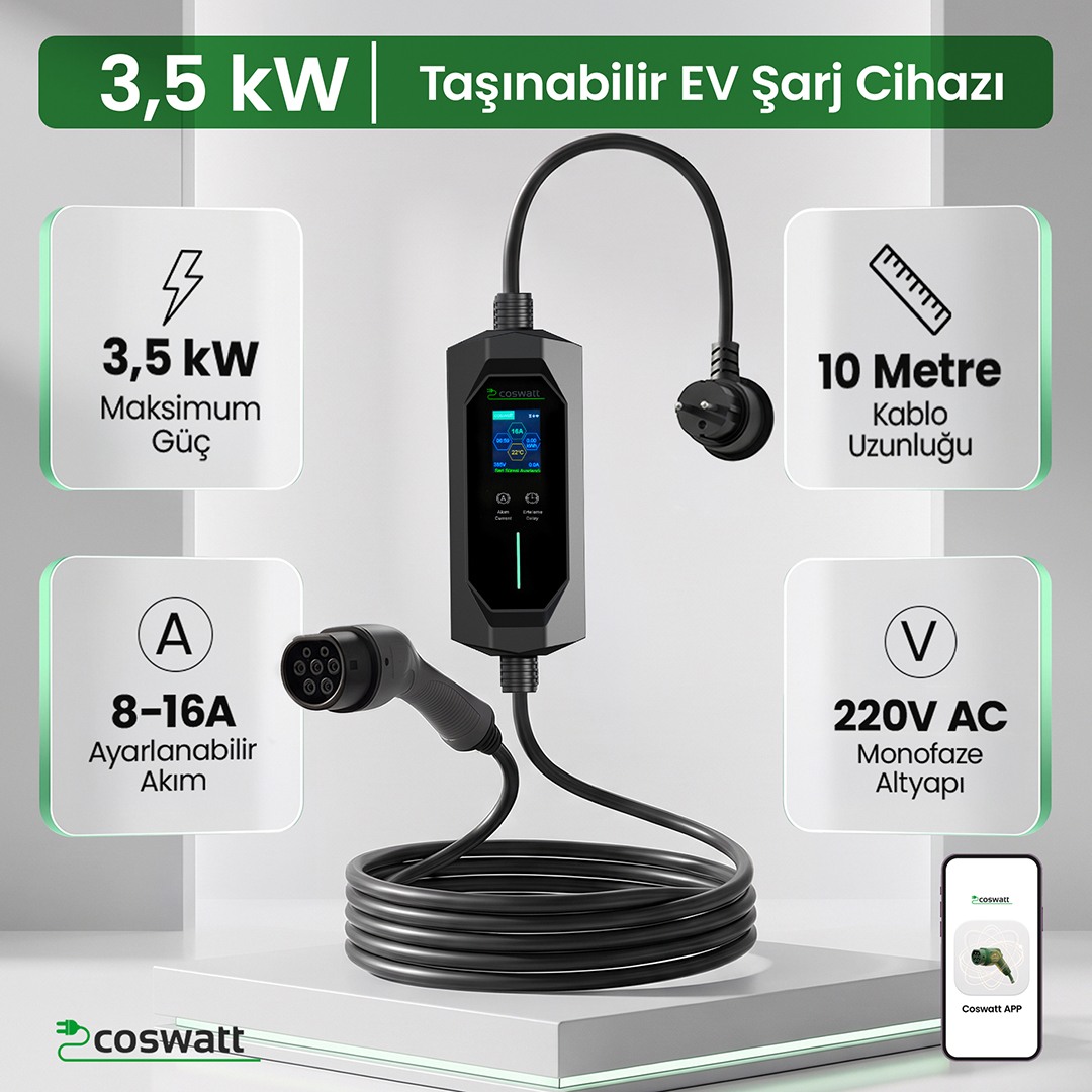Cks Enerji Taşınabilir Elektrikli Araç Şarj Cihazı 3,5 Kw 16A Monofaze Schuko Fiş 10 Metre(Türkçe Menü) YERLİ ÜRETİM