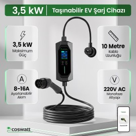 Cks Enerji Taşınabilir Elektrikli Araç Şarj Cihazı 3,5 Kw 16A Monofaze Schuko Fiş 10 Metre(Türkçe Menü) YERLİ ÜRETİM
