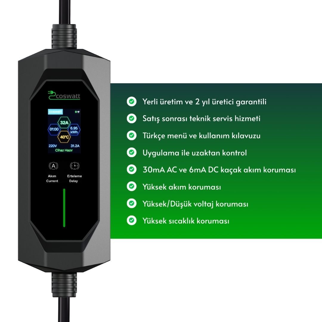 Cks Enerji Elektrikli Araç Taşınabilir Şarj Istasyonu 7 Kw 32a Tip-2 3x32a Türkçe Menü(8 METRE KABLOLU)