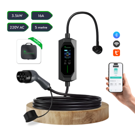 Taşınabilir Şarj Cihazı 3.5 kW / 16A / Tip-2 / Ev Tipi Schuko Fiş / 5m Kablolu / 220V AC / Taşıma Çantası Hediyeli