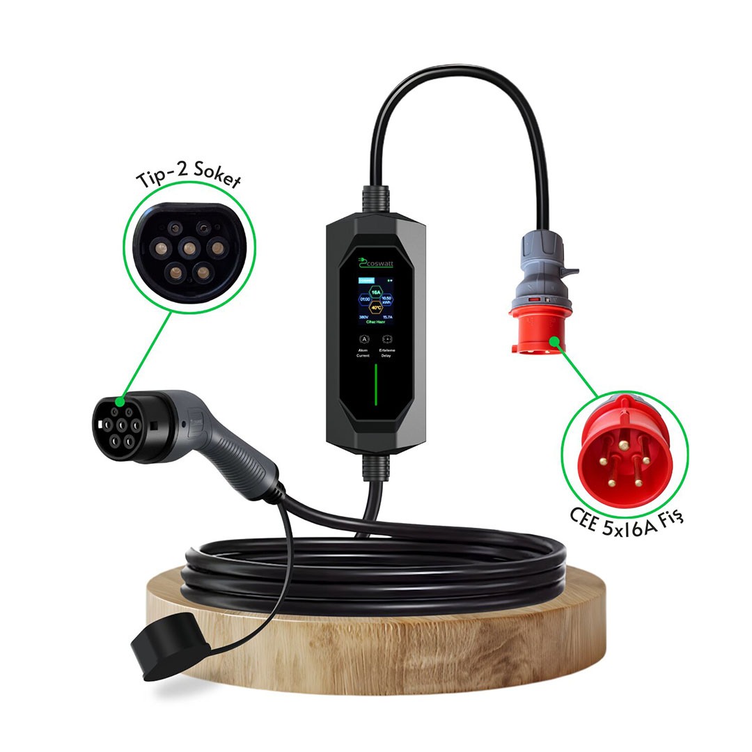 Cks Enerjİ Taşınabilir Şarj Cihazı 11 kW 3P-16A Tip-2 5x16A Fiş 380V AC Ev Tipi Dönüştürücü Kablo ve Taşıma Çantası Hediyeli ( 10 METRE KABLO)