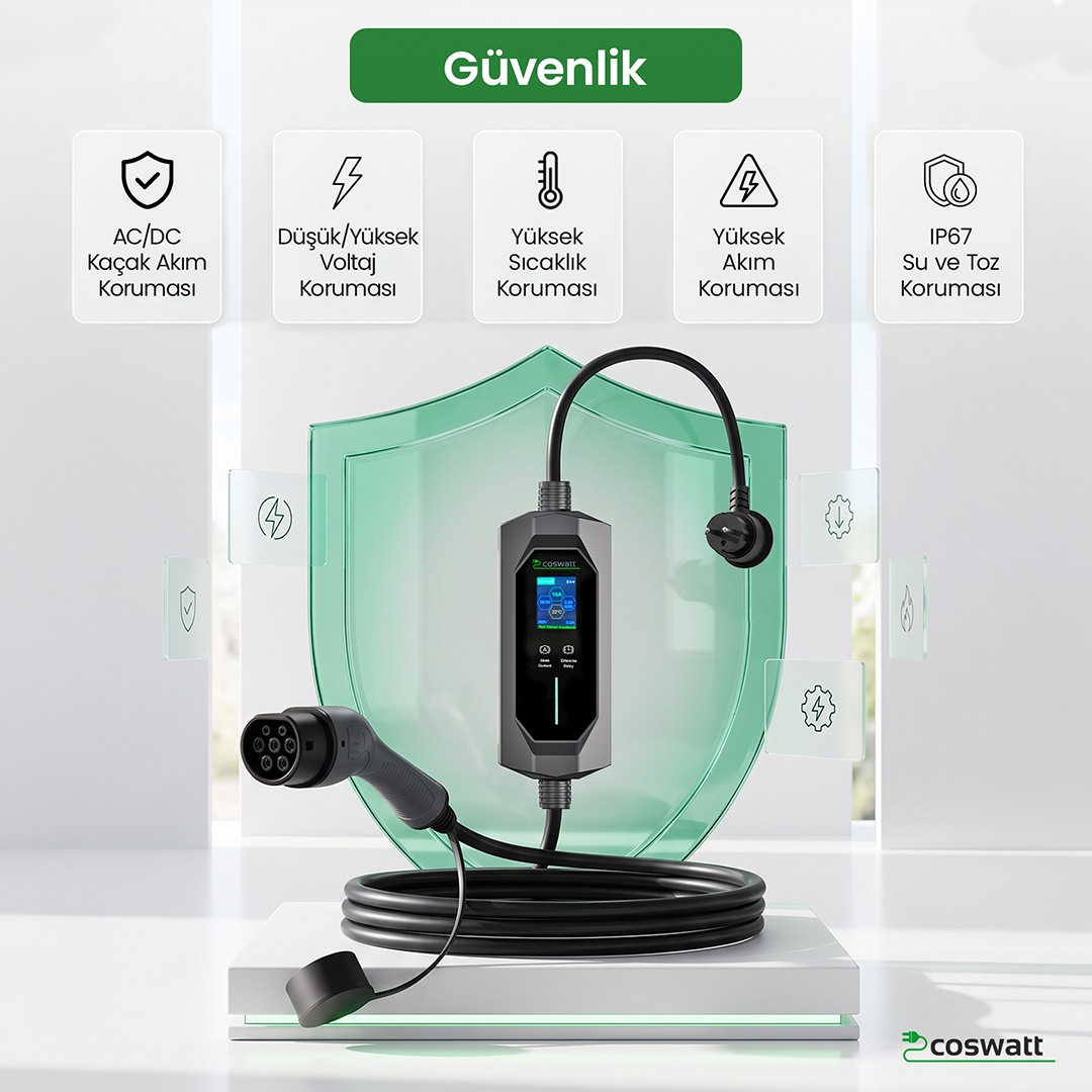 Cks Enerji Taşınabilir Elektrikli Araç Şarj Cihazı 3,5 Kw 16A Monofaze Schuko Fiş 15 Metre(Türkçe Menü) YERLİ ÜRETİM