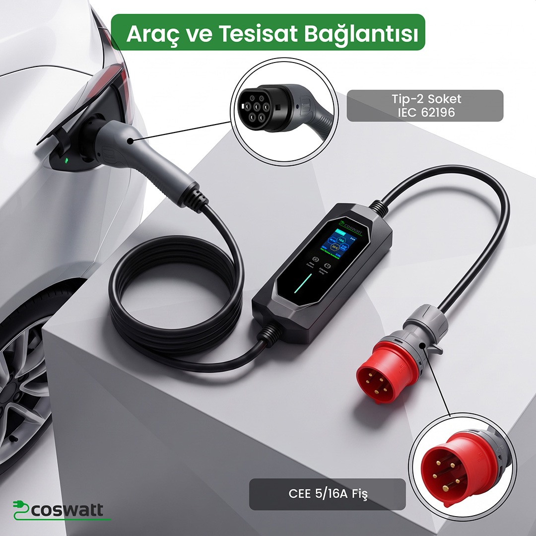 Cks Enerji  Elektrikli Araç Taşınabilir Şarj Istasyonu 11 Kw / 16A / Tip-2 / 5X16A Fiş / Trifaze / 5m / Çantalı / Ev Tipi Dönüştürücü Kablolu(TÜRKÇE MENÜ)