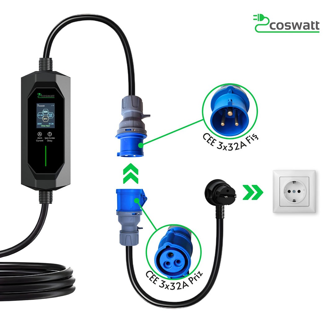Cks Enerji Elektrikli Araba Taşınabilir Şarj Cihazı 7 kw / 32A / Tip-2 / 3x32A Fiş / Monofaze/Çantalı / Ev Tipi Dönüştürücü Kablolu (10 METRE KABLO)