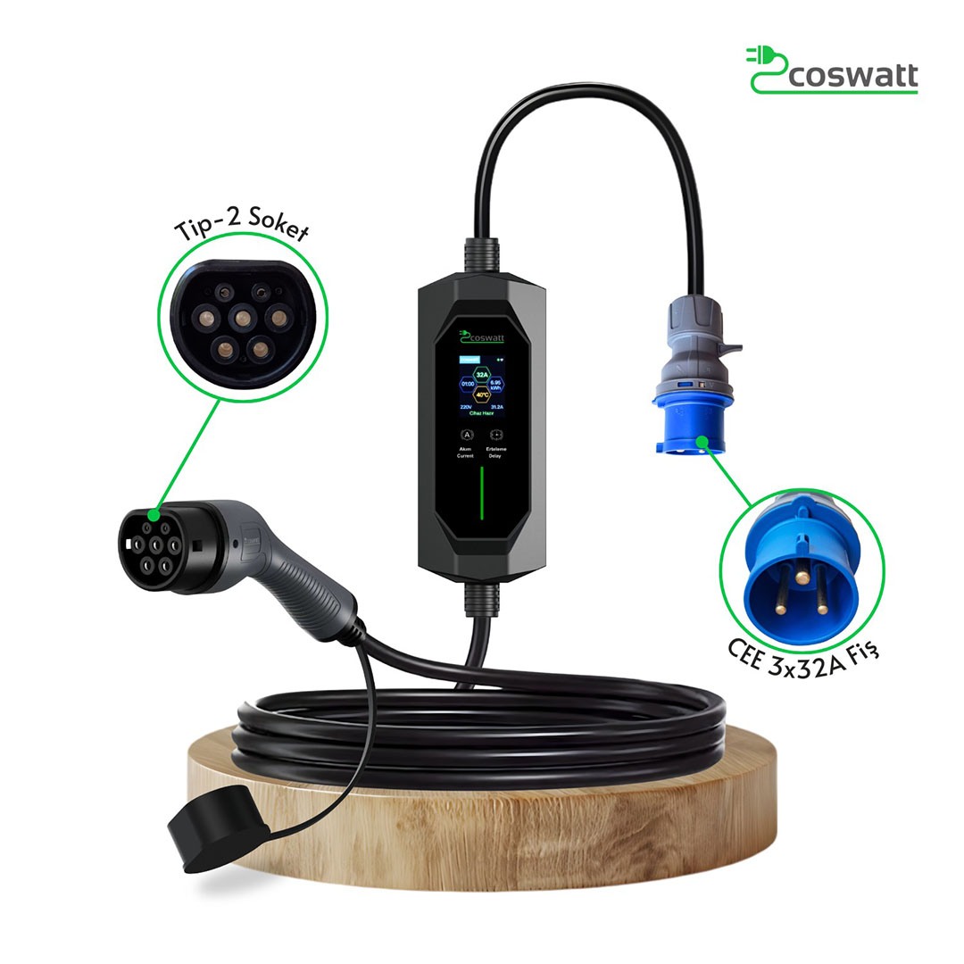 Elektrikli Araba Taşınabilir Şarj Istasyonu 7 Kw / 32A / Tip-2 / 3X32A Fiş / Monofaze / 5m / Çantalı / Ev Tipi Dönüştürücü Kablolu(TÜRKÇE MENÜ) YERLİ ÜRETİM