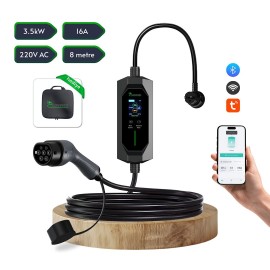 Taşınabilir Şarj Cihazı 3.5 kW / 16A / Türkçe Menü/ Tip-2 / Ev Tipi Schuko Fiş / 220V AC / Taşıma Çantası Hediyeli (8m Kablolu)