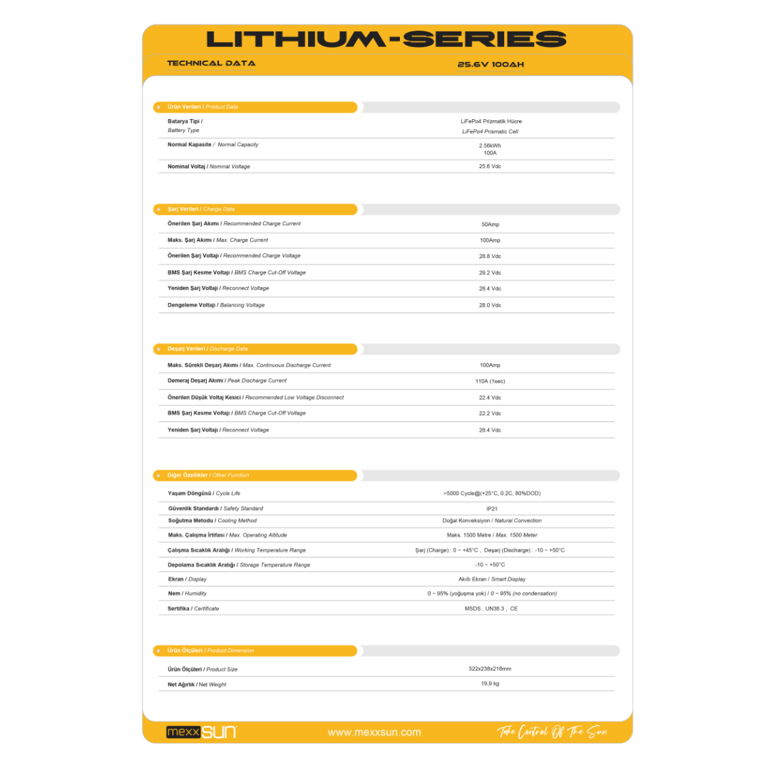 Mexxsun 25.6 V 100 Ah Lityum Akü LiFePo4