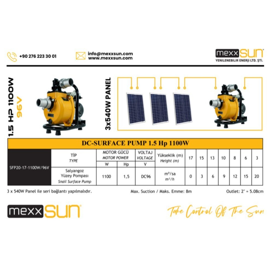DC Yüzey Pompa 1.5Hp 1100W DC Solar Yüzey Pompası