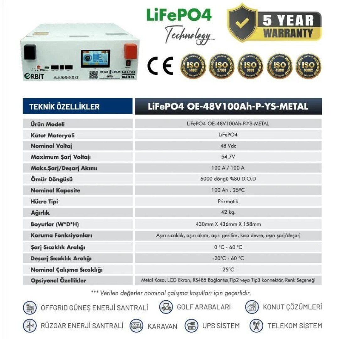48V 100Ah Kasa Tipi Lityum Akü LiFePO4 Batarya Ekranlı