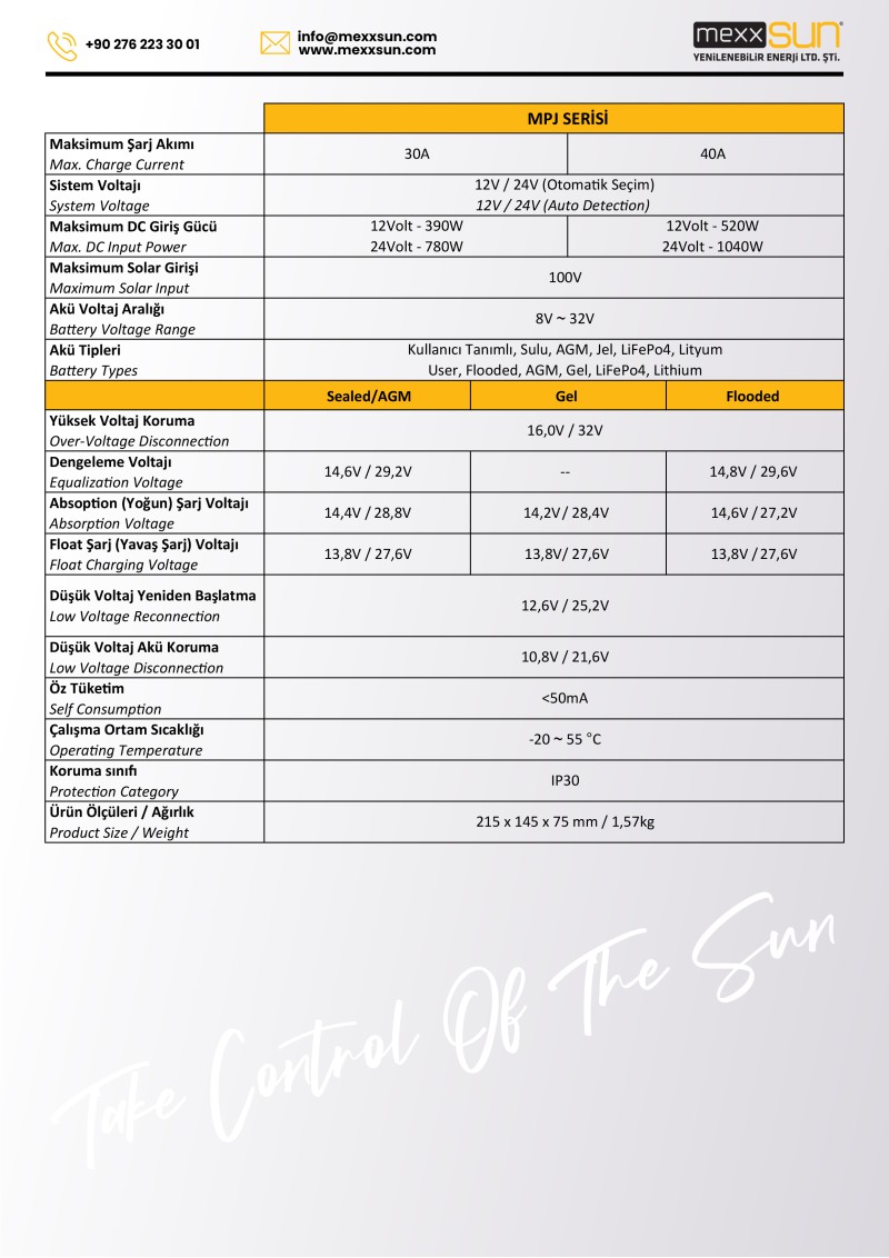 MEXXSUN Sarj Kontrol Cihazı MPJ30 12/24V MPPT