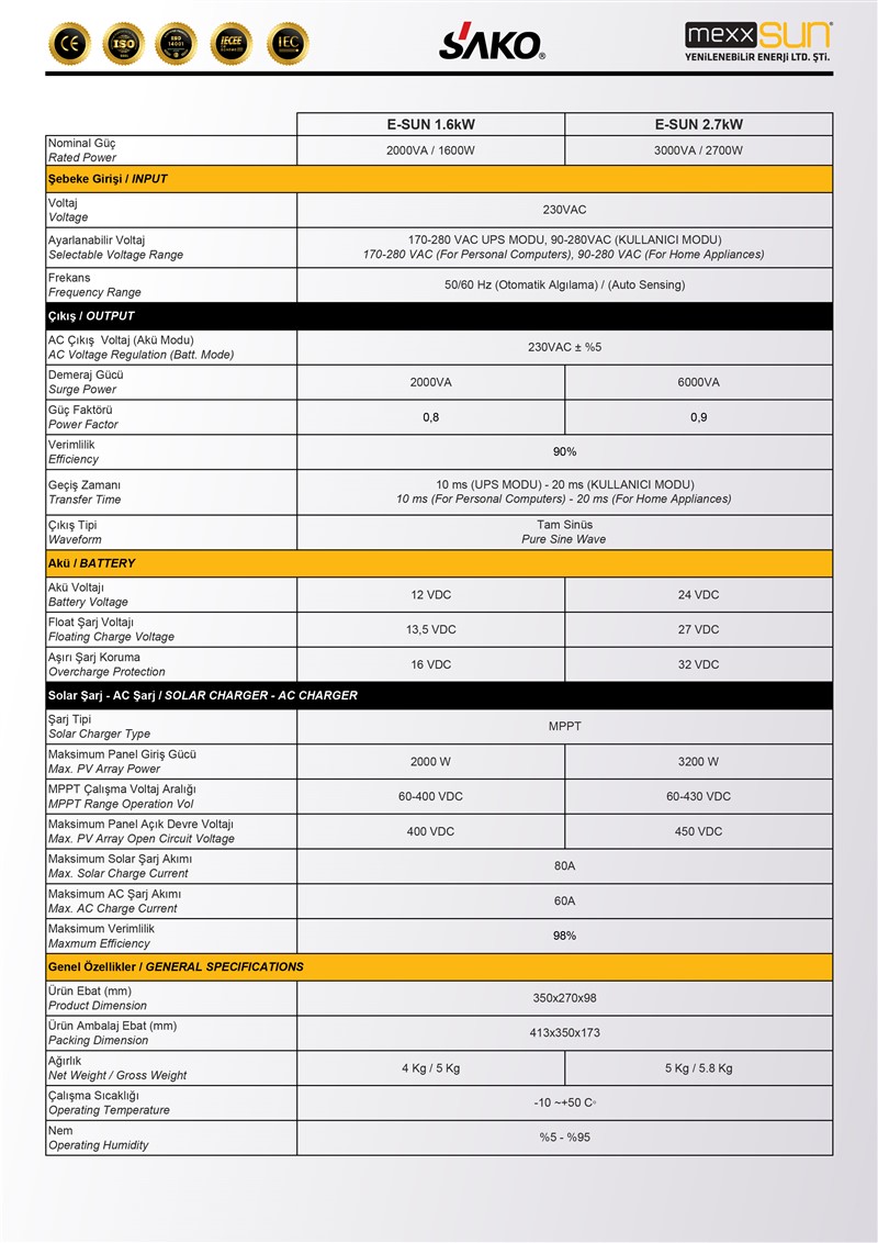 SAKO İnverter E-SUN 2.7kW 24V Tam Sinüs Akıllı Voc 30-400 VDC