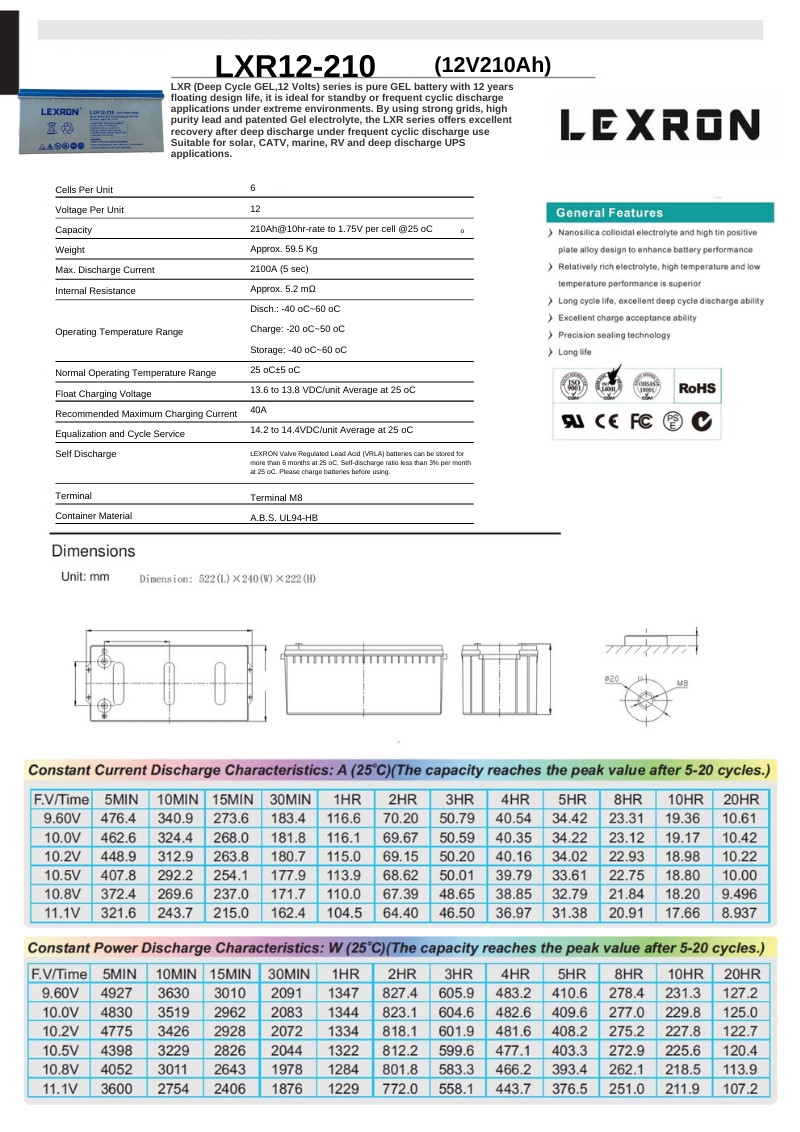 LEXRON Solar Jel Akü 12V 210Ah Deep Cycle  522x240x222