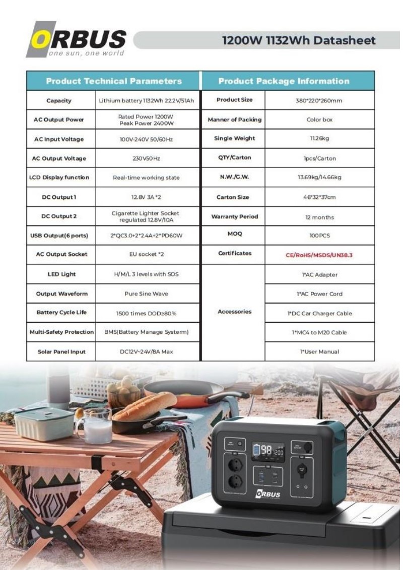 ORBUS Taşınabilir Solar Jeneratör 1200 Watt Power Station