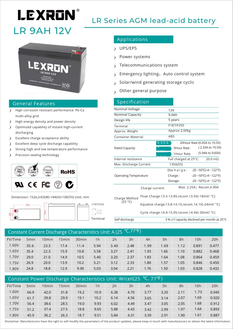 LEXRON UPS Akü 12V 9Ah 152x65x100