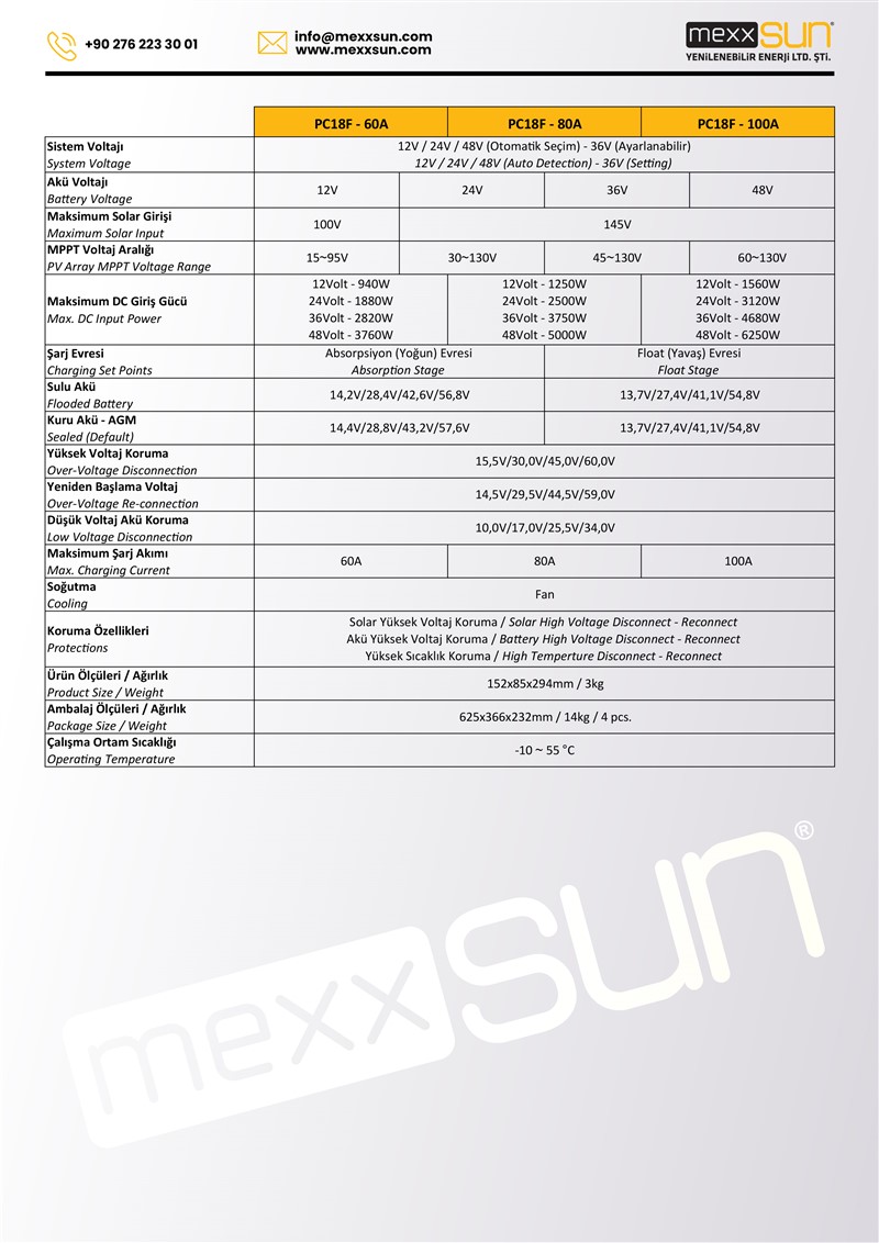 MEXXSUN Şarj Kontrol Cihazı PC18F 60A MPPT 12/24/36/48V MPPT