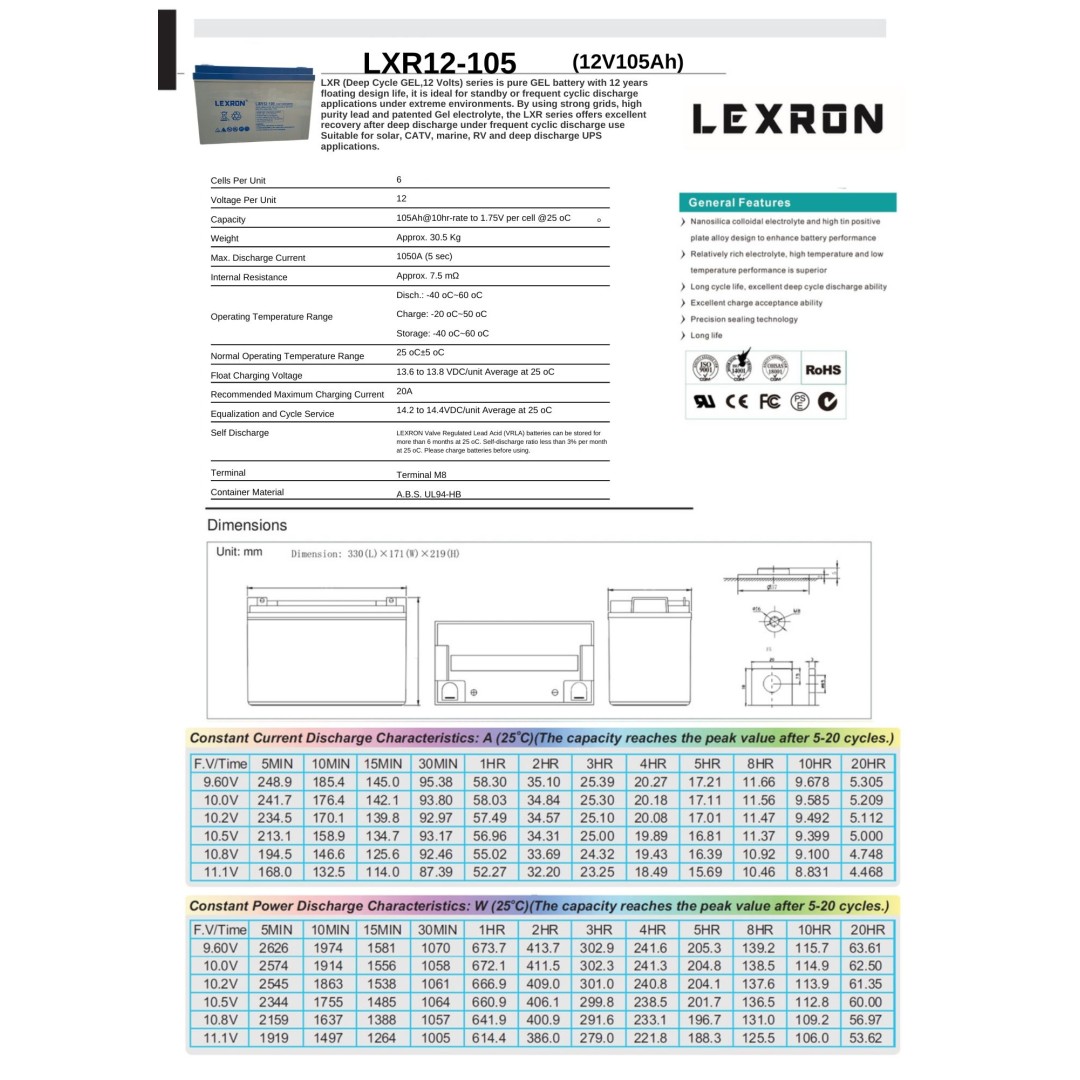 LEXRON Solar Jel Akü 12V 105Ah Deep Cycle 330x171x219